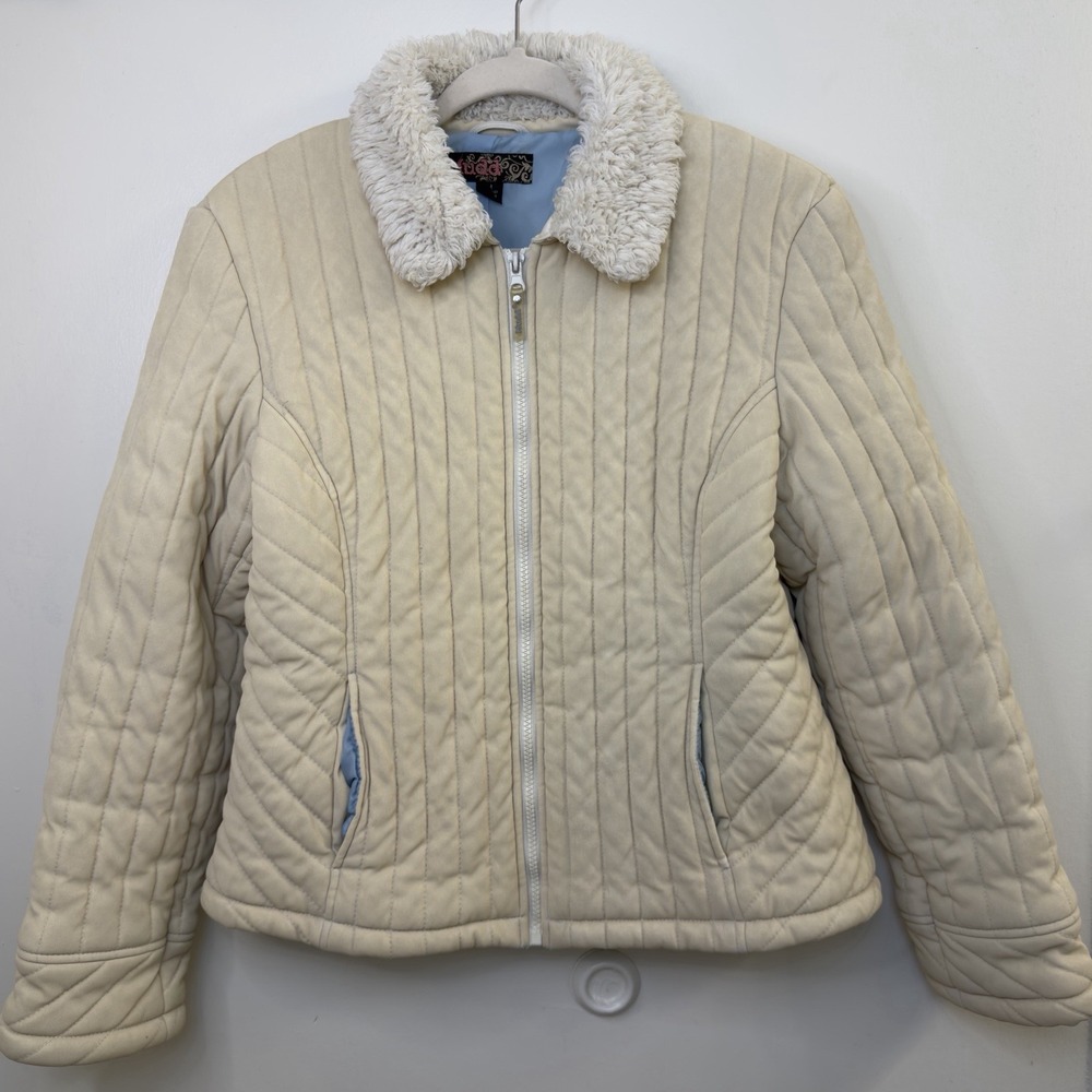 Vintage Y2K Mudd Women's Quilted Sherpa Collar Jacket Cream Tan Size M